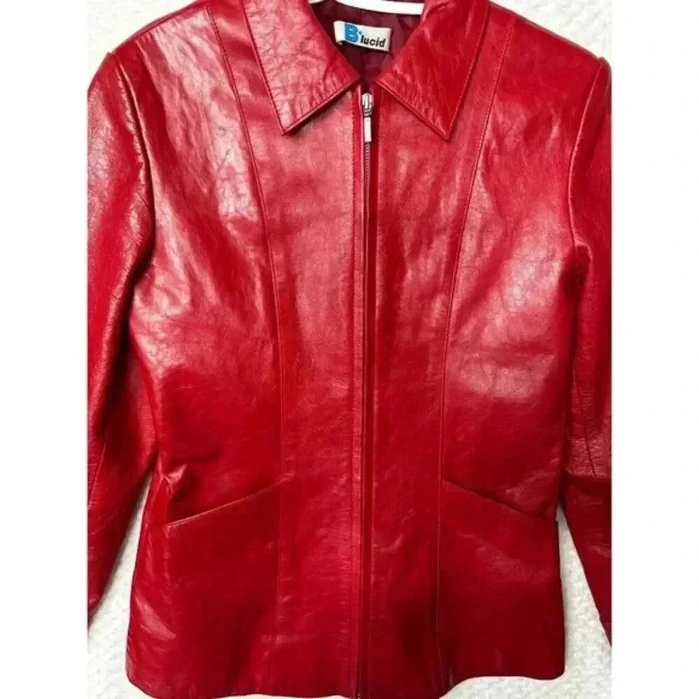 Y2K Genuine Leather Zip Jacket B*Lucid Cherry Red Fitted Moto Size Small - Picture 3 of 16